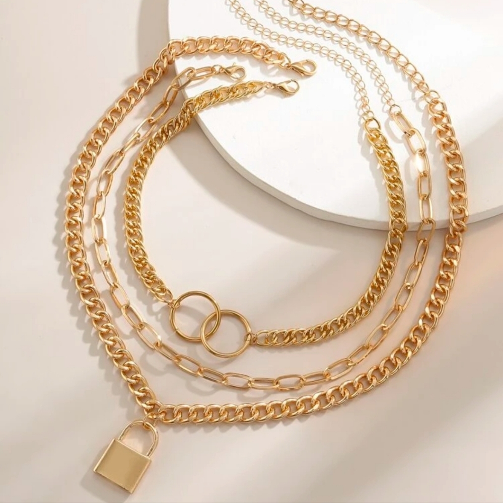 Three piece Set gold chains NecklacevLock Sexy Luxury Punk‎ Mobwife Rich Classic